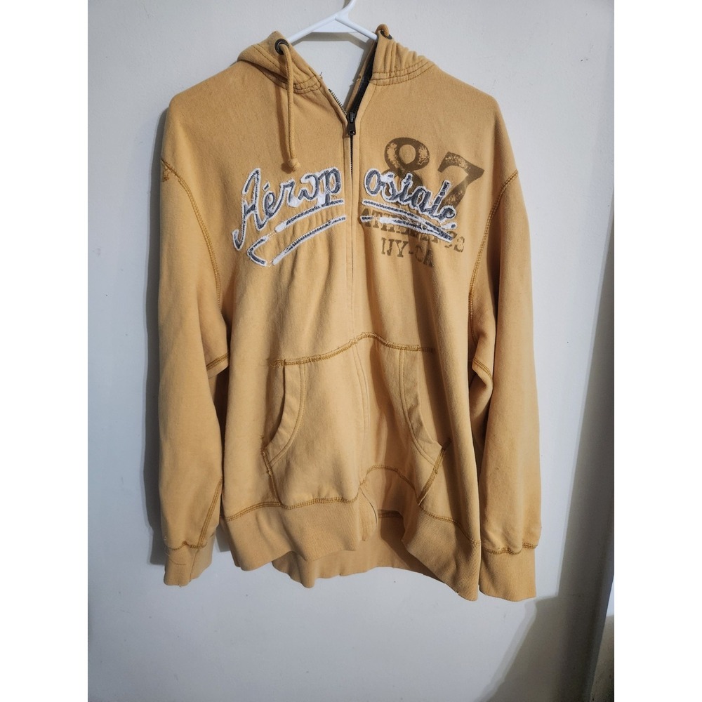 Vintage Aeropostale Quarter Zip Hoodie Mens XL Mustard Yellow Y2K Spellout Crew